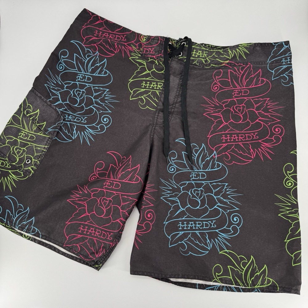 Ed Hardy Men's Xg Jerry Leigh Board Shorts Rose Tattoo‎ Pattern All Over Print